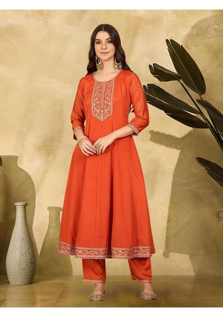 Orange Embroidery Silk Blend Kurta Set - Indya