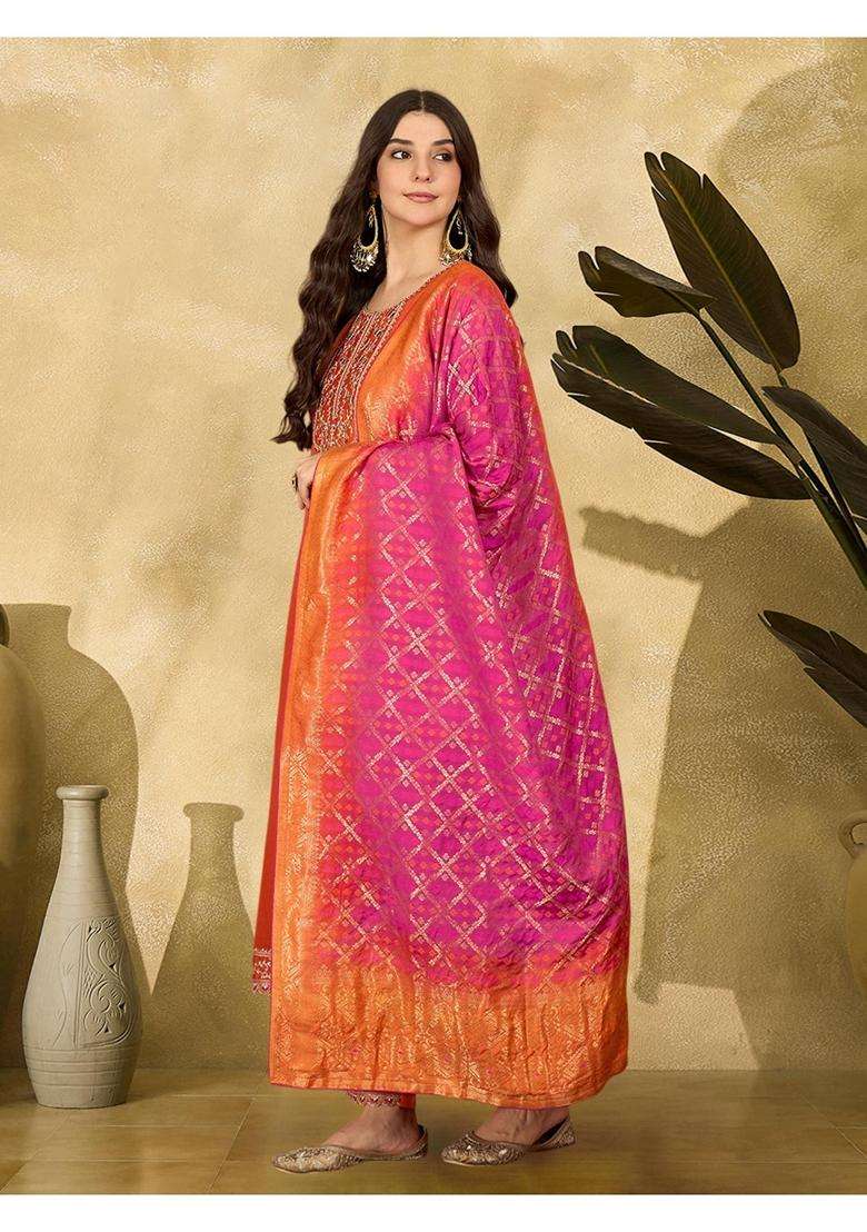 Orange Embroidery Silk Blend Kurta Set - Indya