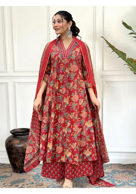 Red Floral Rayon Anarkali Set — view on Indya