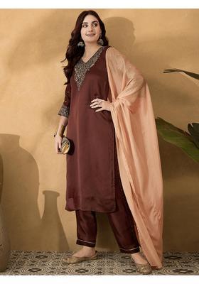 Brown Embroidery Silk Kurta Set