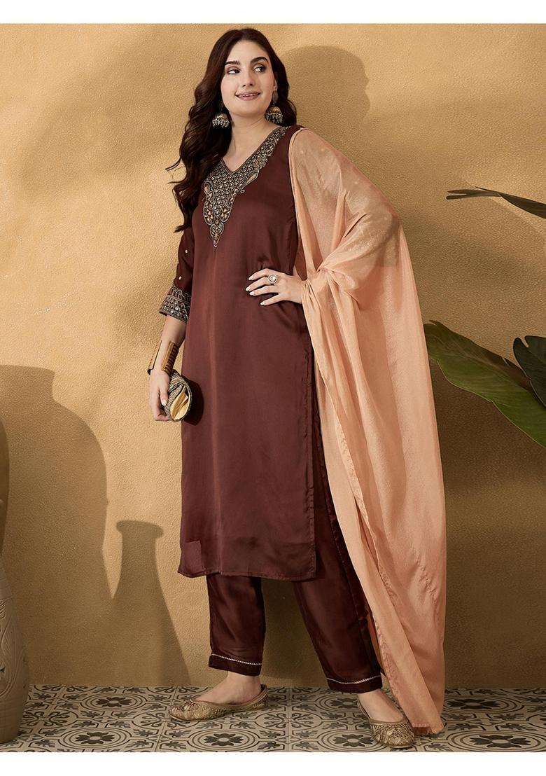 Brown Embroidery Silk Blend Kurta Set - Indya