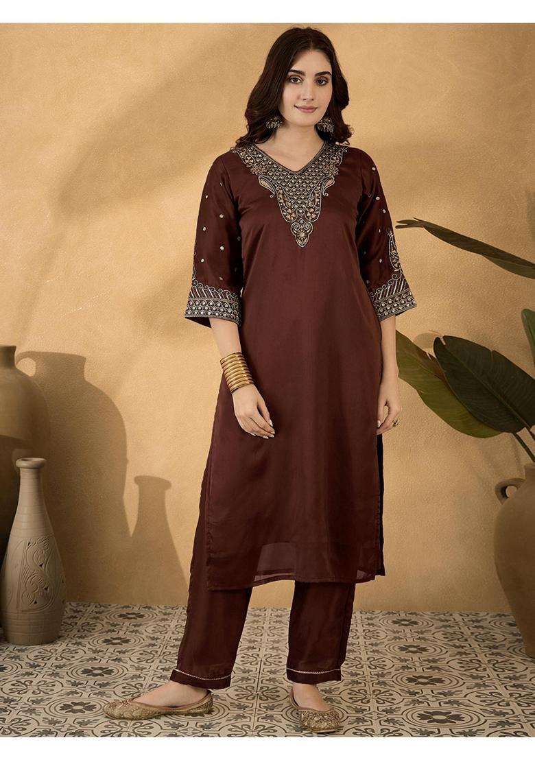 Brown Embroidery Silk Blend Kurta Set - Indya