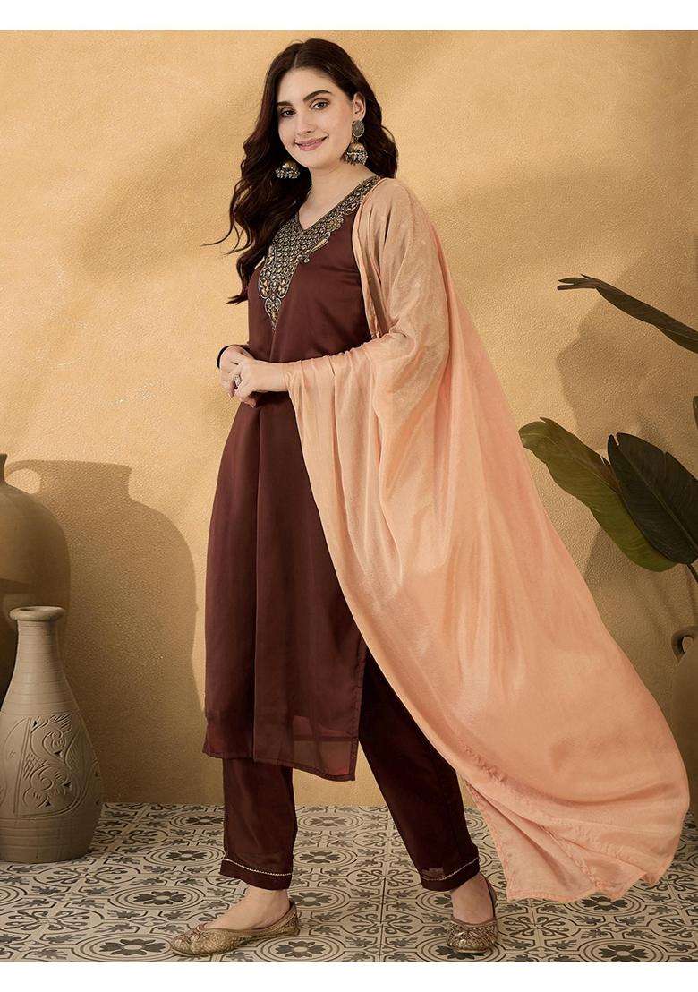 Brown Embroidery Silk Blend Kurta Set - Indya