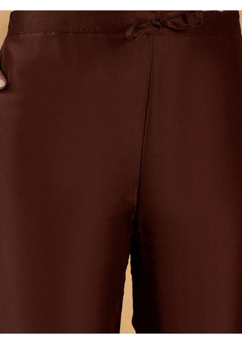 Brown Embroidery Silk Blend Kurta Set - Indya