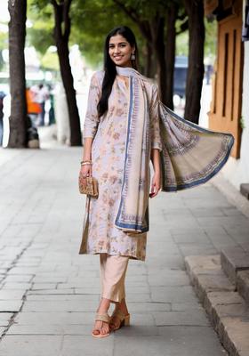 Sky Blue Floral Cotton Kurta Set