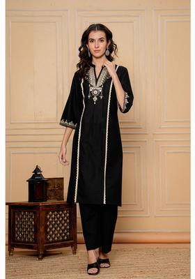 Black Embroidery Cotton Kurta Set