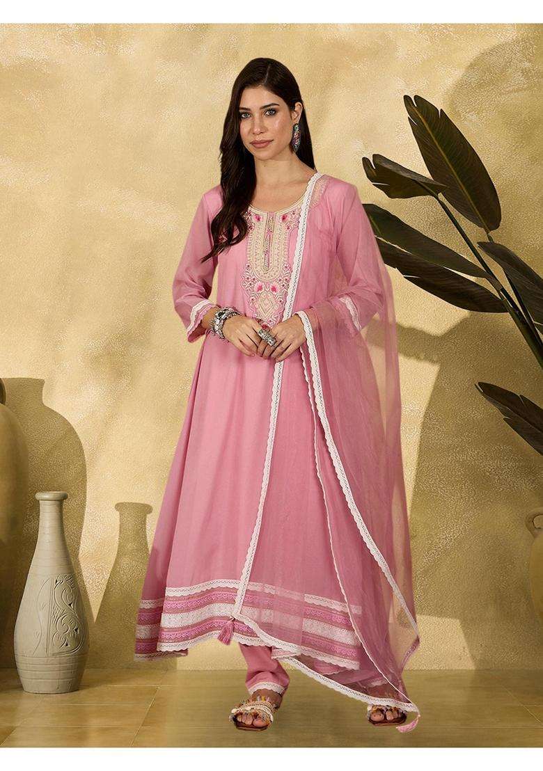 Pink Embroidery Georgette Anarkali Set - Indya