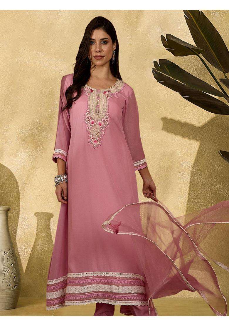 Pink Embroidery Georgette Anarkali Set - Indya