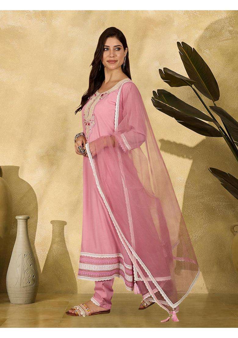 Pink Embroidery Georgette Anarkali Set - Indya