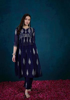 Blue Embroidery Silk Kurta Set