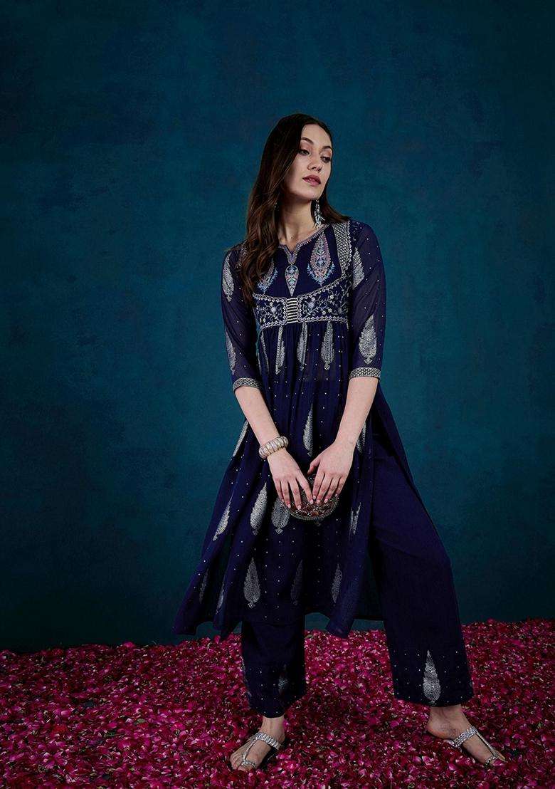 Blue Embroidery Silk Blend Kurta Set - Indya