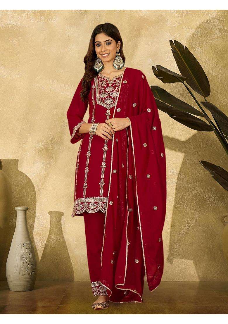 Red Embroidery Georgette Kurta Set - Indya