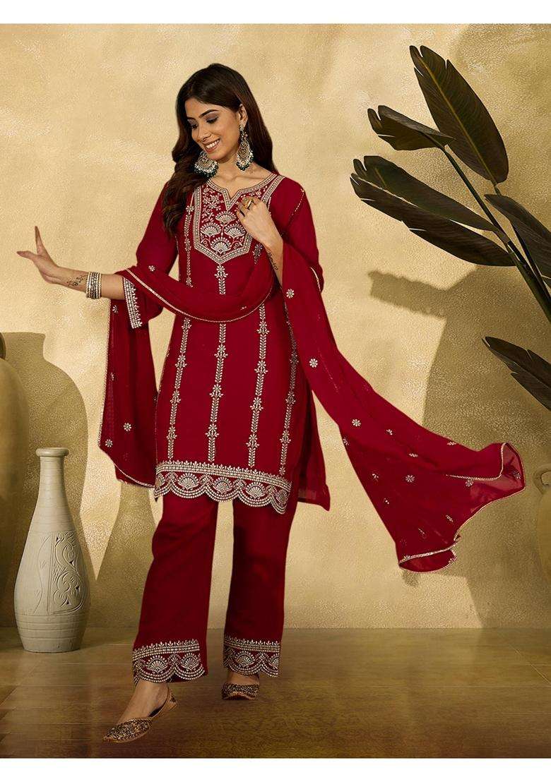 Red Embroidery Georgette Kurta Set - Indya