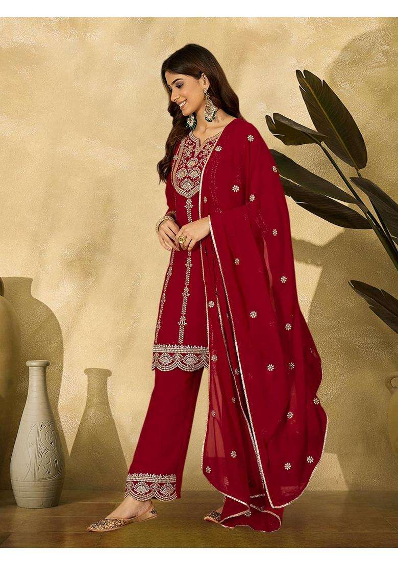 Red Embroidery Georgette Kurta Set - Indya