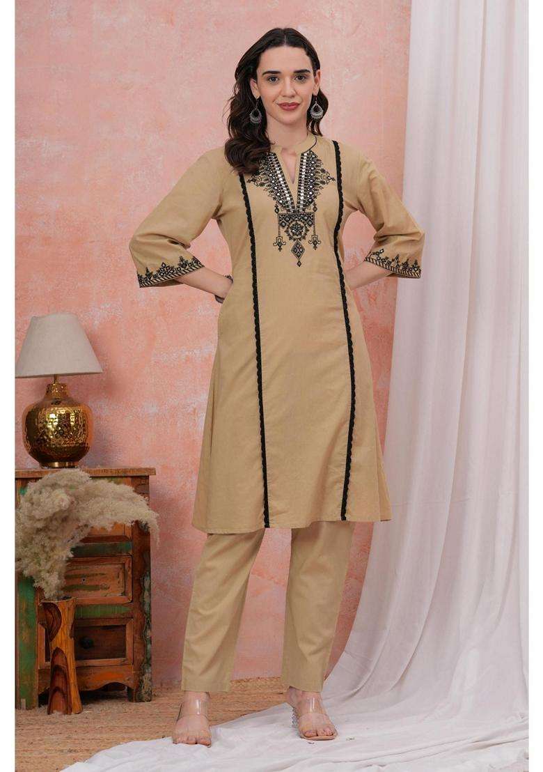 Beige Embroidery Cotton Kurta Set - Indya