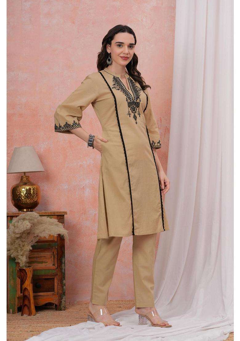 Beige Embroidery Cotton Kurta Set - Indya