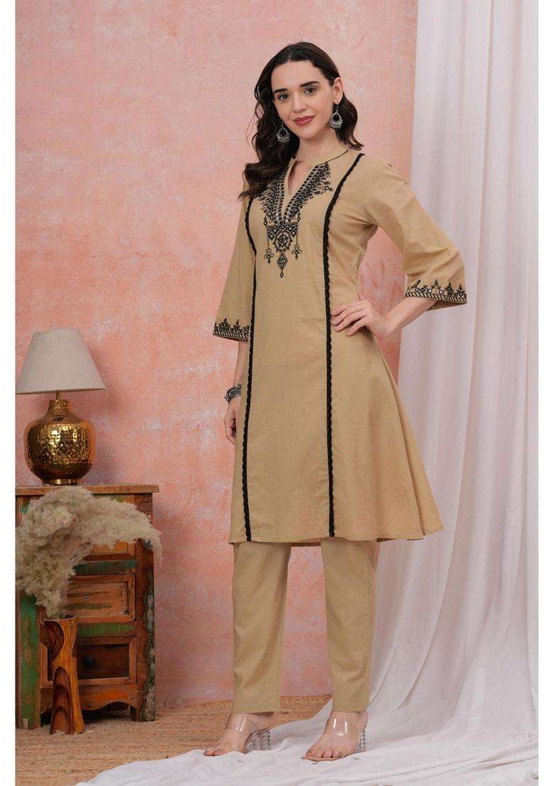 Beige Embroidery Cotton Kurta Set - Indya