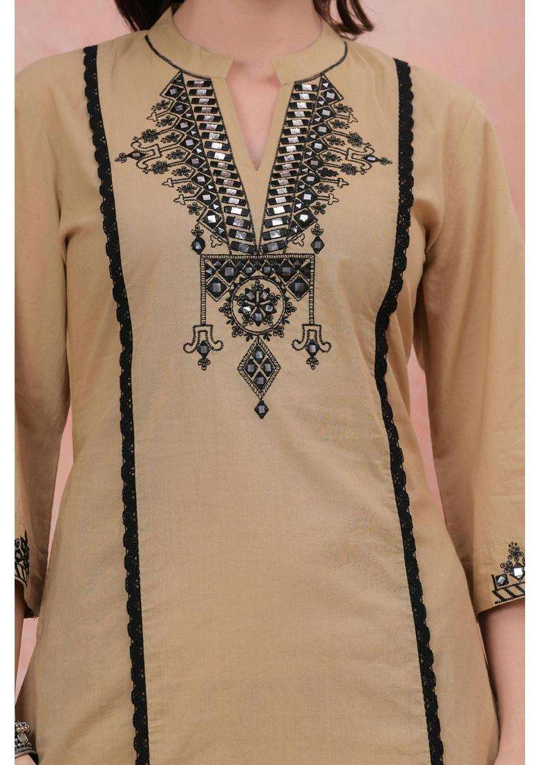 Beige Embroidery Cotton Kurta Set - Indya