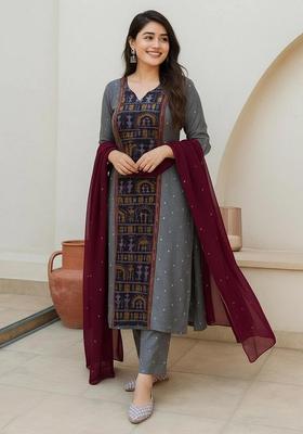 Grey Printed Rayon Kurta Set
