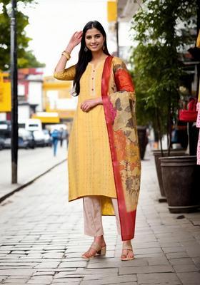 Yellow Woven Cotton Kurta Set