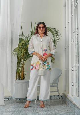 White Embroidery Silk Co-Ord Set