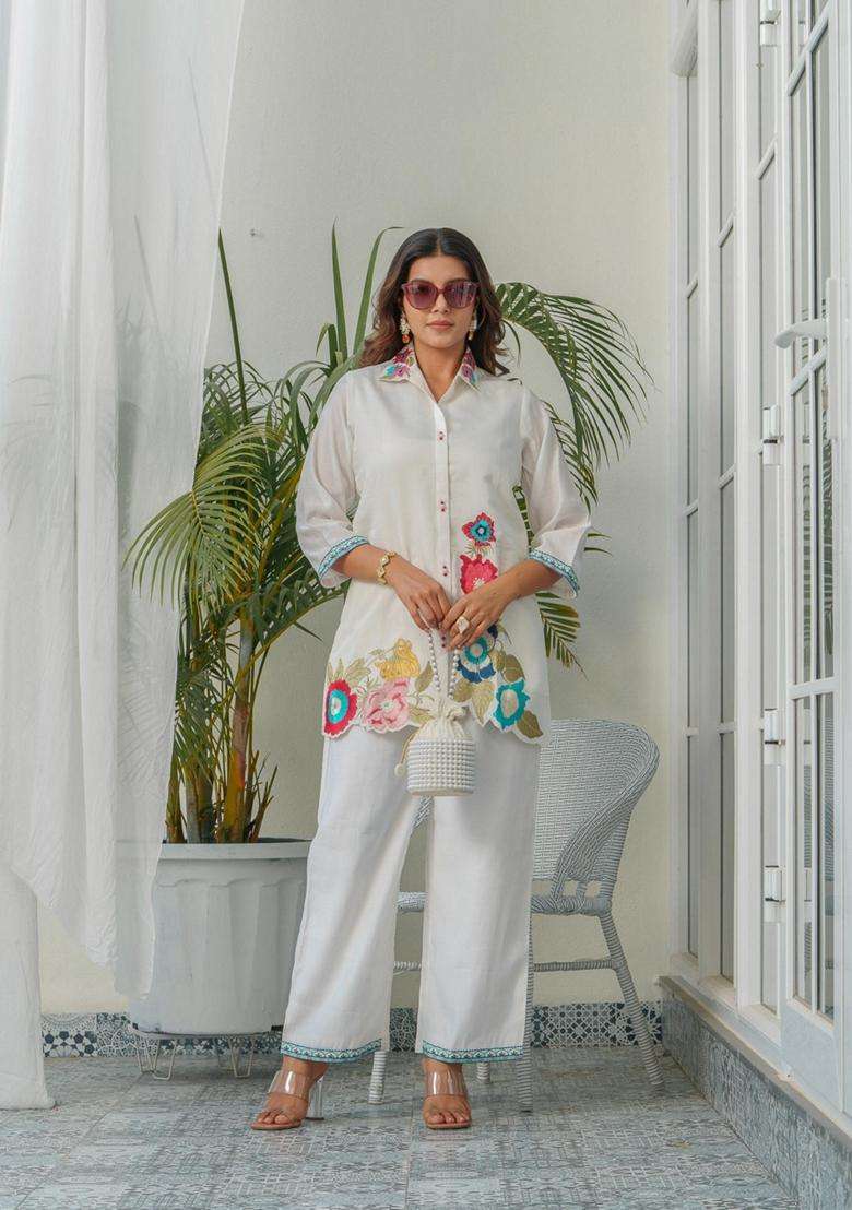 White Embroidery Silk Co-Ord Set - Indya
