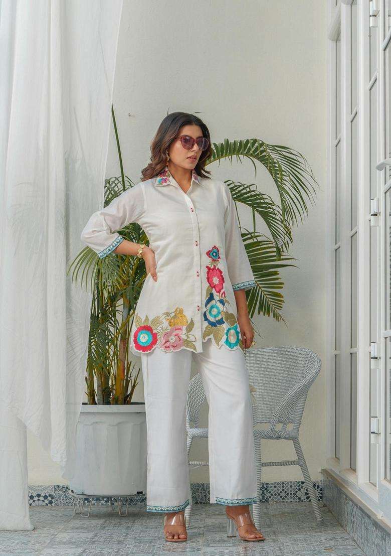 White Embroidery Silk Co-Ord Set - Indya