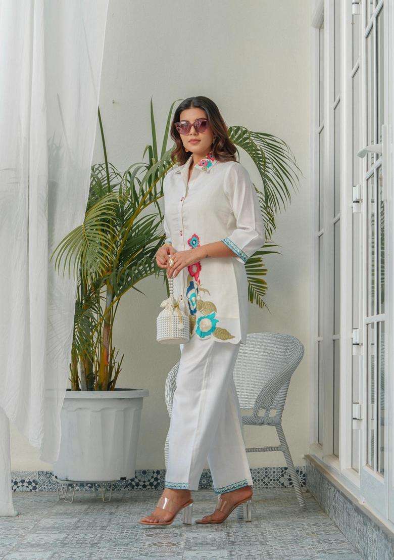 White Embroidery Silk Co-Ord Set - Indya