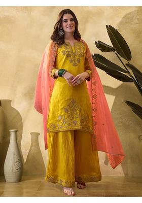 Yellow Embroidery Silk Palazzo Set