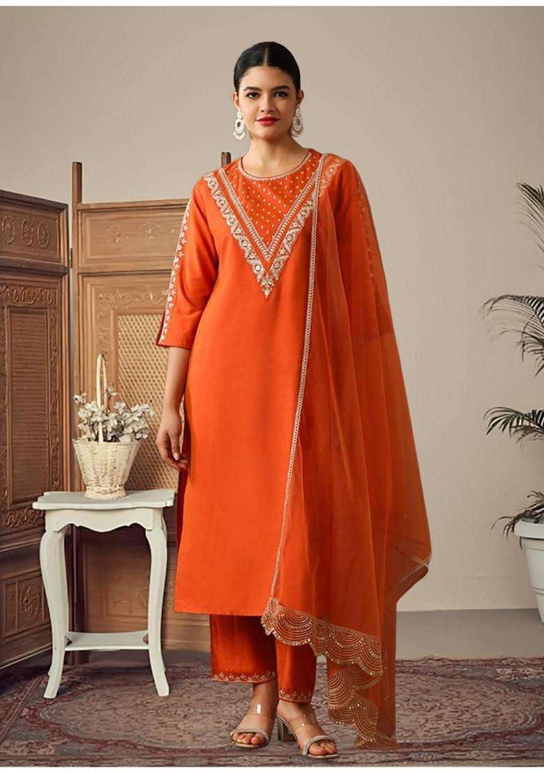 Rust Embroidery Silk Blend Kurta Set - Indya