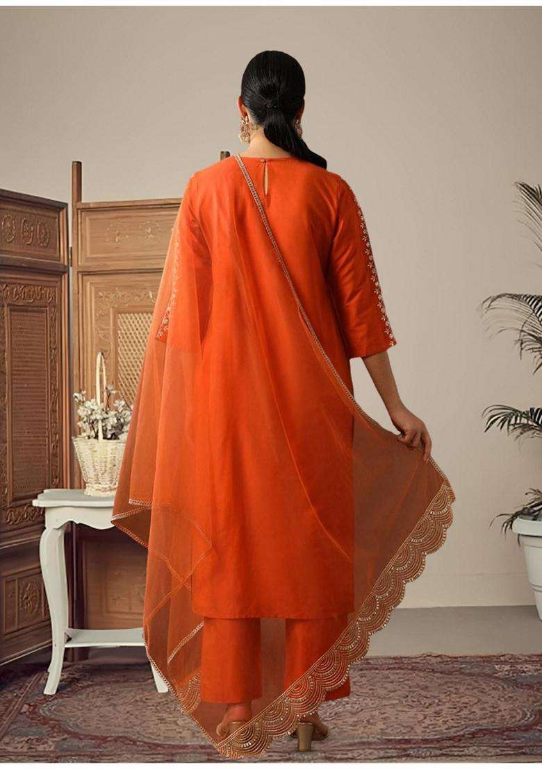 Rust Embroidery Silk Blend Kurta Set - Indya