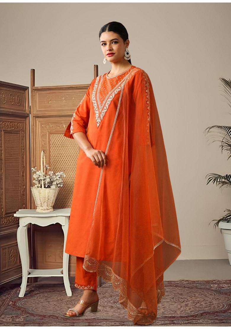 Rust Embroidery Silk Blend Kurta Set - Indya
