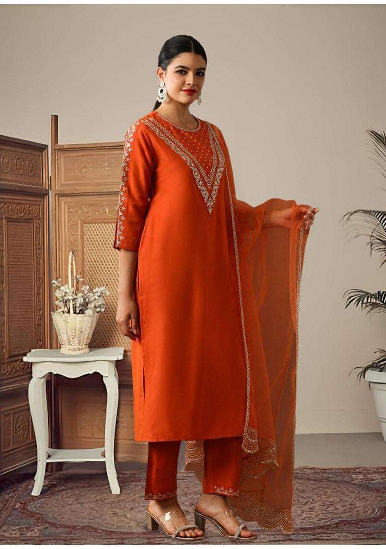 Rust Embroidery Silk Blend Kurta Set - Indya