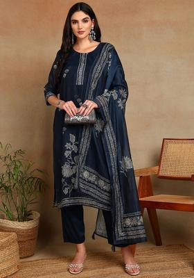 Navy Blue Floral Chanderi Kurta Set
