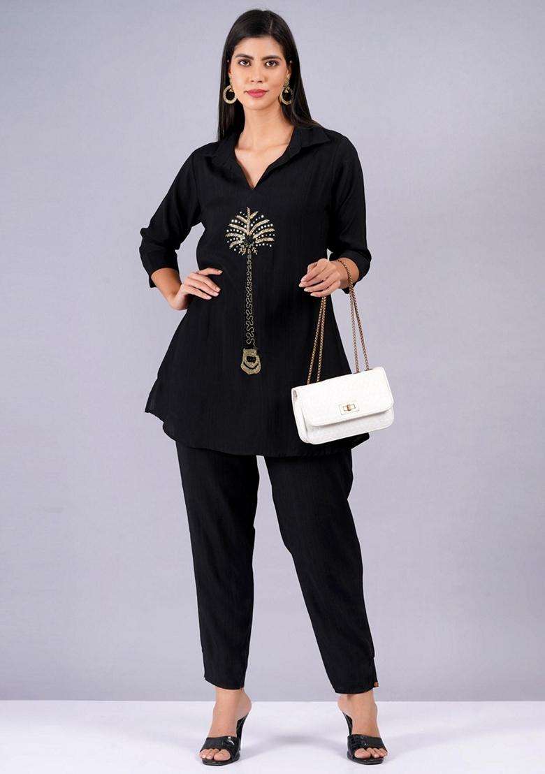 Black Embroidery Silk Co-Ord Set - Indya