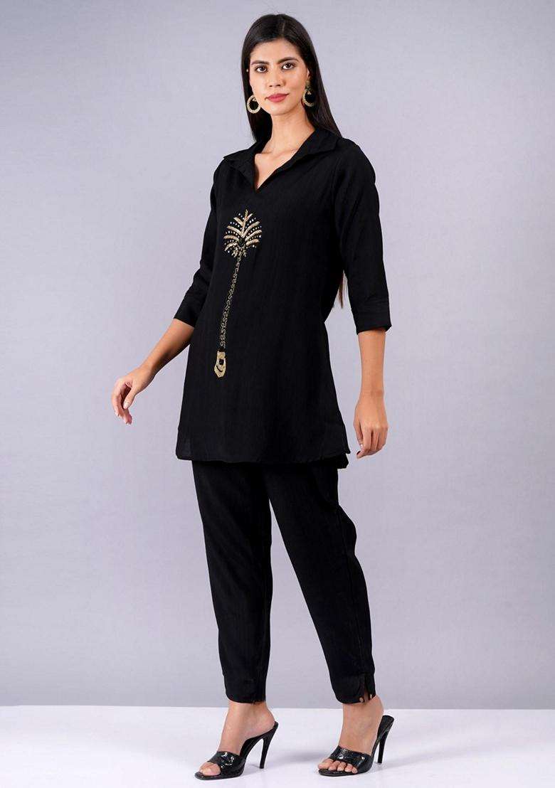 Black Embroidery Silk Co-Ord Set - Indya