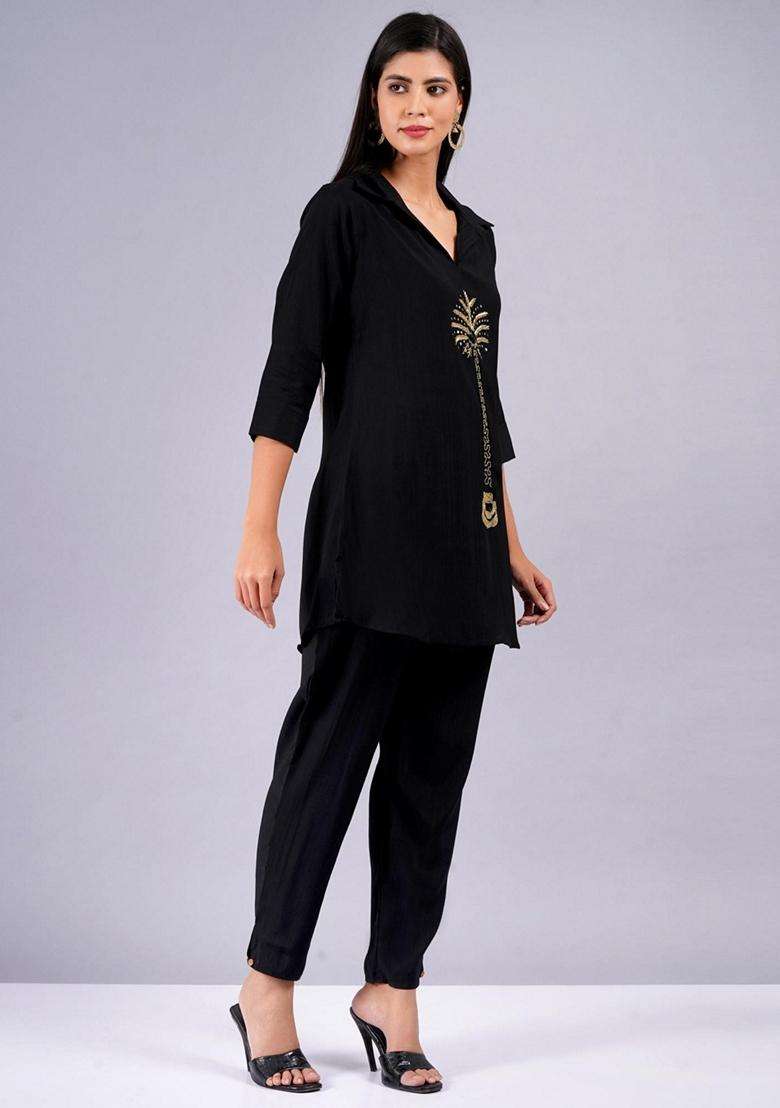 Black Embroidery Silk Co-Ord Set - Indya