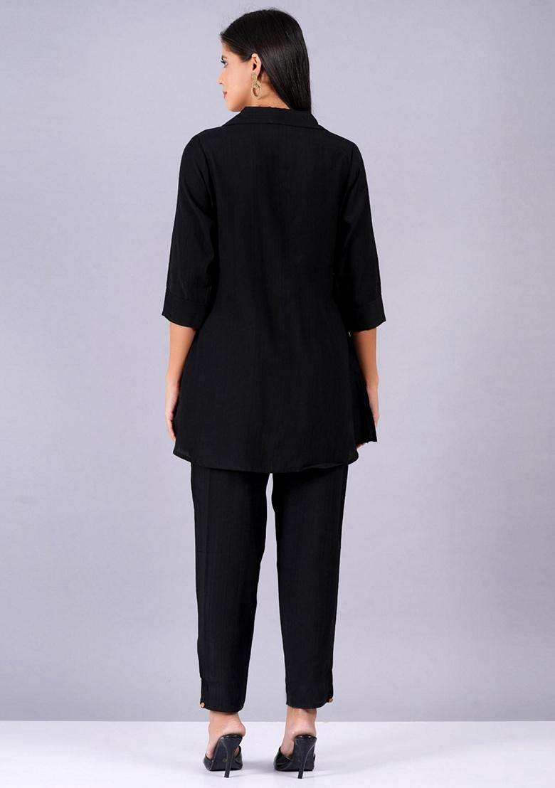 Black Embroidery Silk Co-Ord Set - Indya