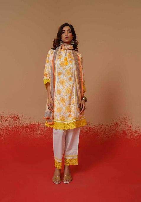 Yellow Floral Cotton Kurta Set — view on Indya