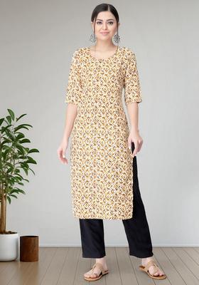 Beige Printed Crepe Kurta Set