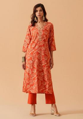 Orange Printed Cotton Kurta Set