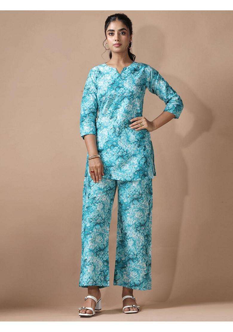 Sky Blue Floral Cotton Co-Ord Set - Indya