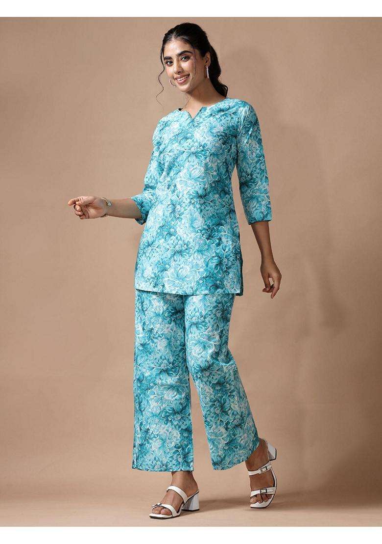 Sky Blue Floral Cotton Co-Ord Set - Indya