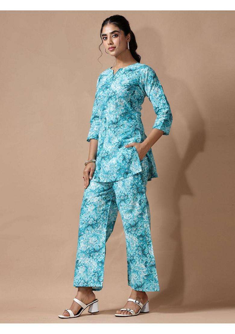 Sky Blue Floral Cotton Co-Ord Set - Indya