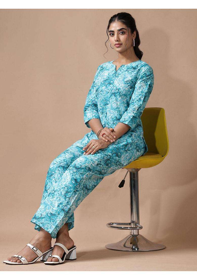 Sky Blue Floral Cotton Co-Ord Set - Indya