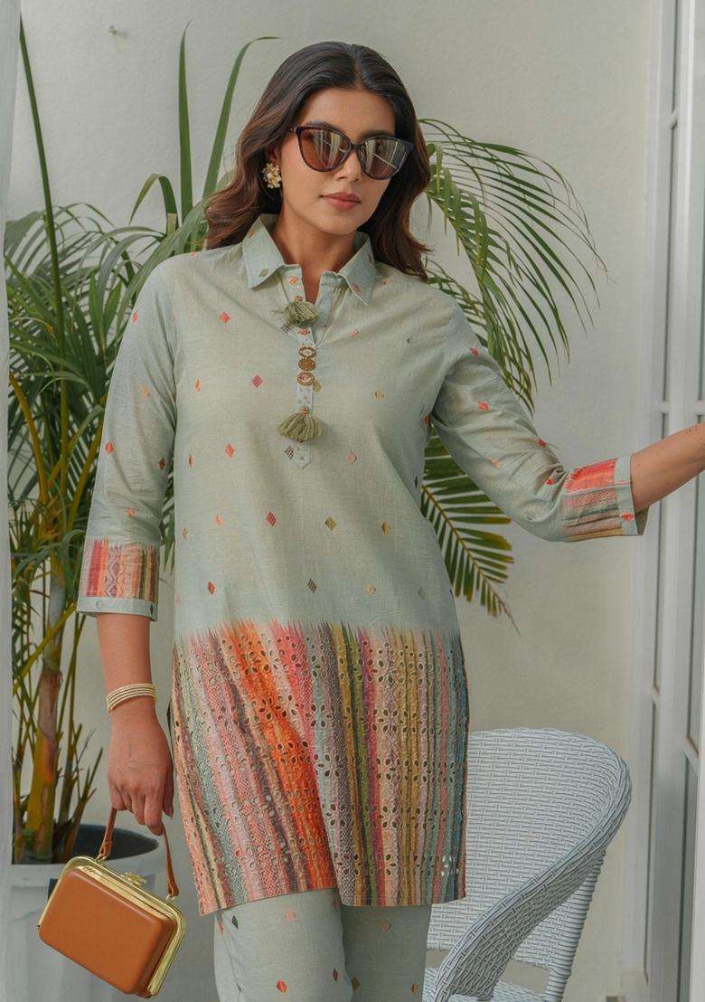 Mint Green Self Design Cotton Co-Ord Set - Indya