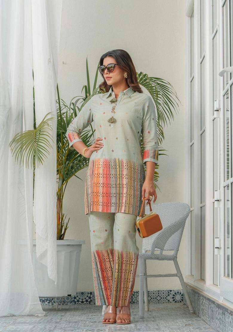 Mint Green Self Design Cotton Co-Ord Set - Indya