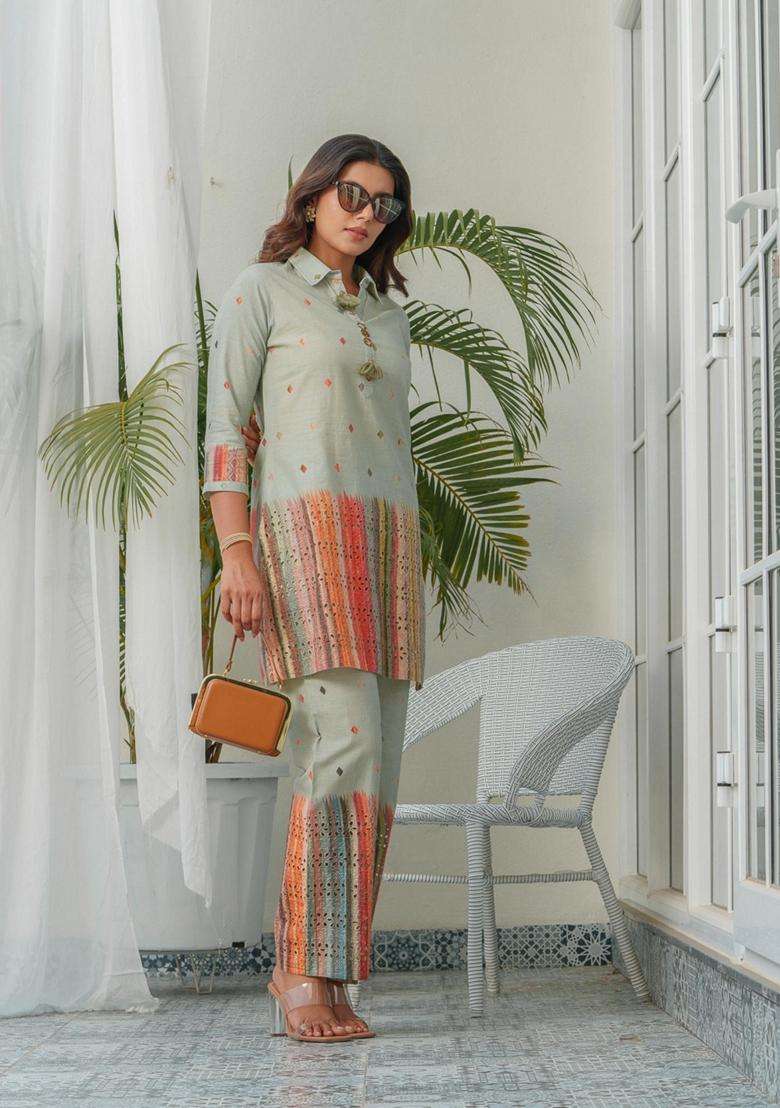 Mint Green Self Design Cotton Co-Ord Set - Indya