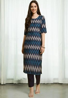 Blue Printed Crepe Kurta Set