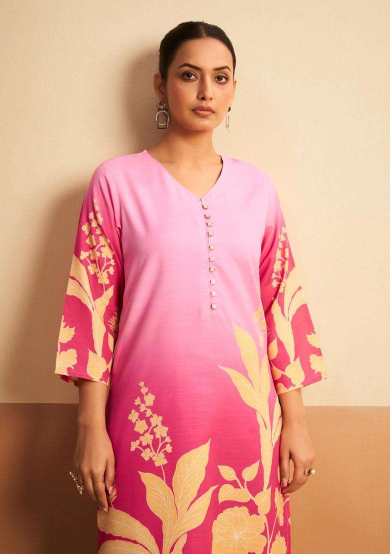 Pink Printed Cotton Kurta Set - Indya